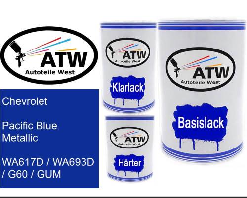 Chevrolet, Pacific Blue Metallic, WA617D / WA693D / G60 / GUM: 500ml Lackdose + 500ml Klarlack + 250ml Härter - Set, von ATW Autoteile West.